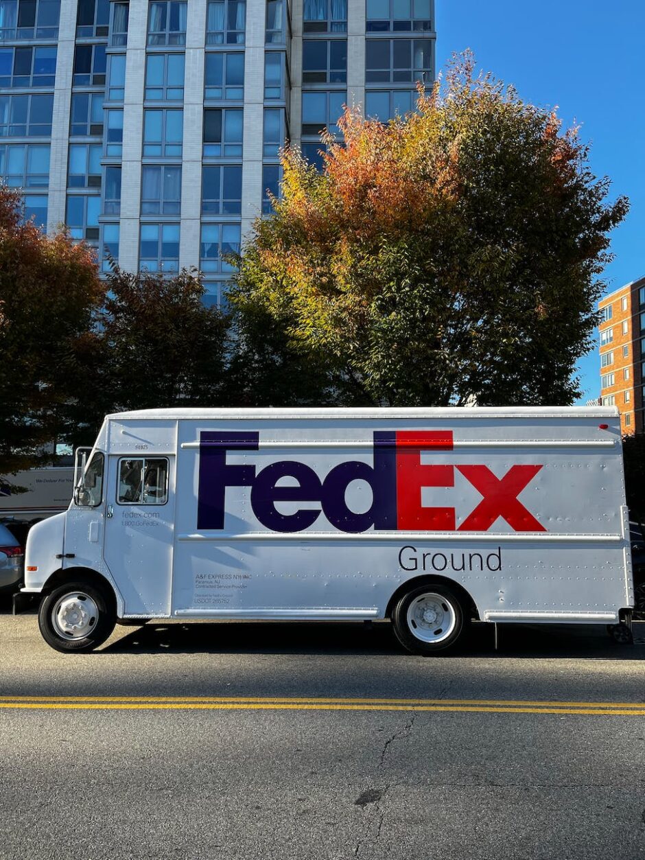 parked fedex van on the asphalt road